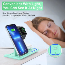 Ladda upp bild till gallerivisning, Wireless Charger, 18W 3 in 1 Charging Station for Iphone 16/15/14/13/12/11/Pro/Xs/Xs Max/Xr/X, Fast Wireless Charging Dock for Apple Watch 10/9/8/7/6/SE/5/4/3/2, Airpods 4/3/2/Pro with Adapter(Green)